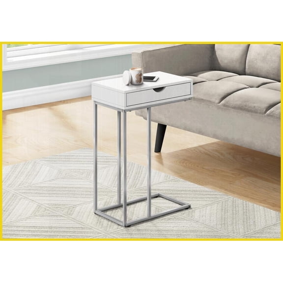 Space-Saving C-Shaped Coffee Table with Drawer, White Laminate & Grey Metal for Living Room Bedroom