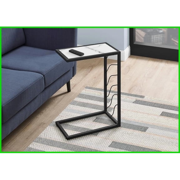 Space-Saving C-Shaped Coffee Table with Slidable Base, White Marble-Look Top & Black Metal Frame