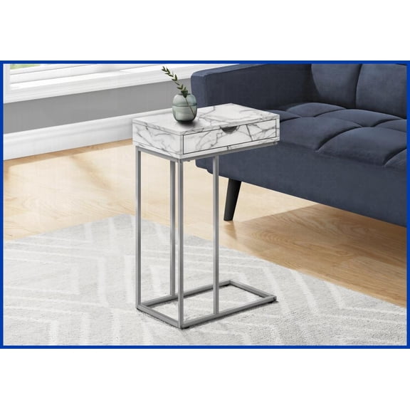 Space-Saving C-Shaped Coffee Table with Storage Drawer, White Marble Look, Grey Metal Base for Living Room/Bedroom