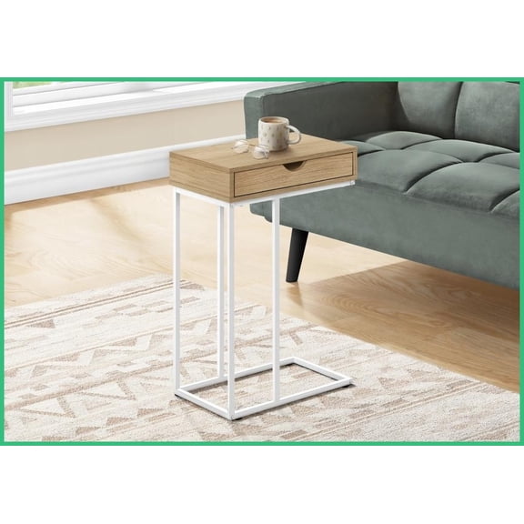 Space-Saving C-Shaped Coffee Table with Storage - Natural Laminate Top & White Metal Frame for Living Room/Bedroom
