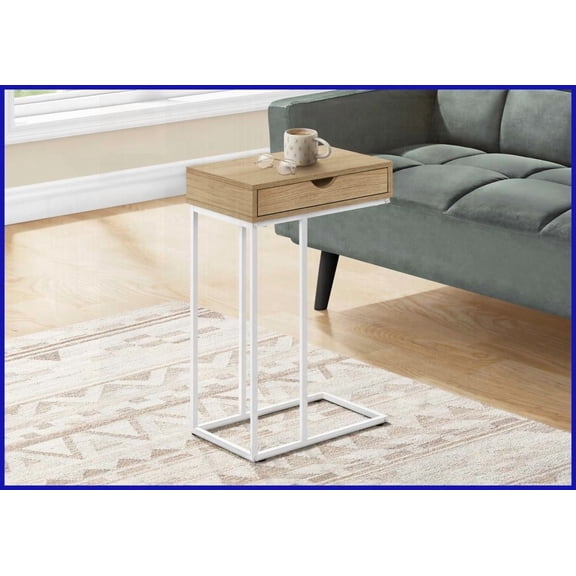 Space-Saving C-Shaped Coffee Table with Storage - Natural Laminate Top & White Metal Frame for Living Room/Bedroom