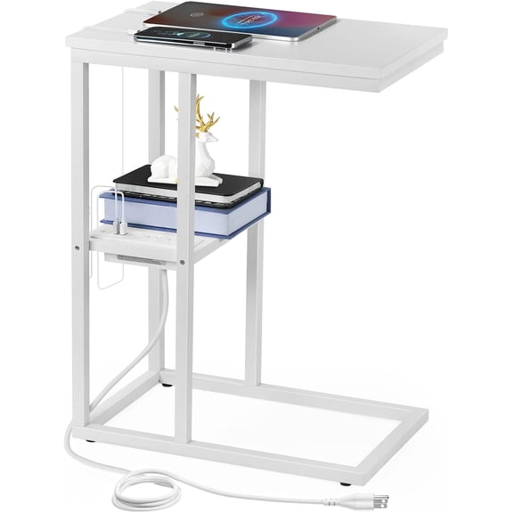 Space-Saving C-Type End Table - Slide Under Sofa Table with USB Charging for Couch/Living Room
