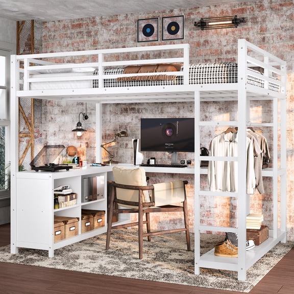 Space Saving CAPCAEK Full Metal Loft Bed with Wardrobe, L-shaped Desk, Storage Cubes and Shelves for Apartment, Bedroom and Small Spaces, White