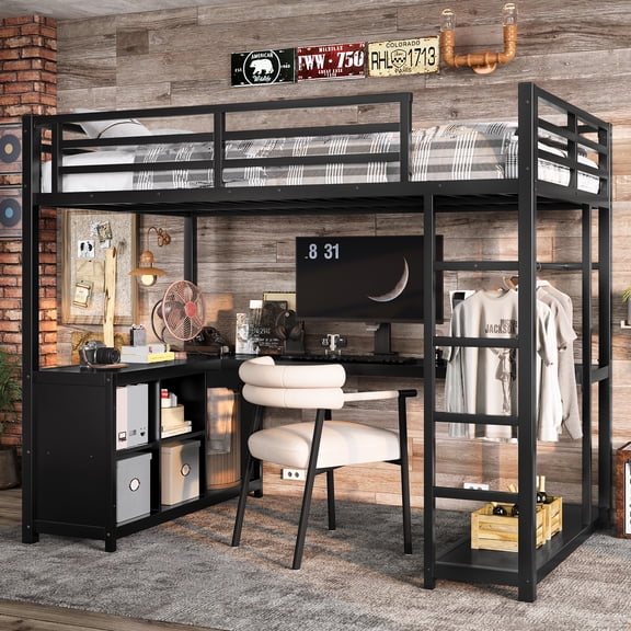 Space Saving CAPCAEK Twin Metal Loft Bed with Wardrobe, L-shaped Desk, Storage Cubes and Shelves for Apartment, Bedroom and Small Spaces, Black