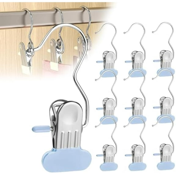 Space-Saving Clothes and Hat Storage Hook, Anti-Rust Clip Space-Saving Clothespin, Multipurpose Stainless Steel Hanger Clips, Hat Pants Storage Hanging Travel Hook (Blue, 10 pcs)