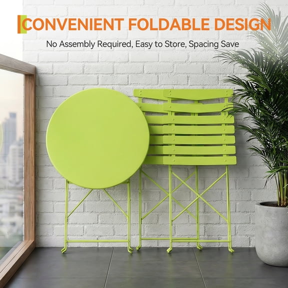 Space-Saving Collapsible Patio Bistro Set – 3-Piece Steel Table and 2 Chairs, No Assembly, Portable, Compact Outdoor & Indoor Furniture for Balcony, Garden, Yard – New Grass Green
