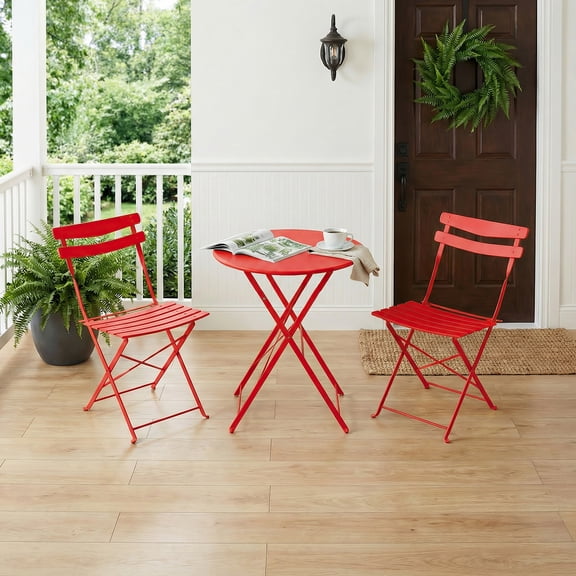 Space-Saving Collapsible Patio Bistro Set – 3-Piece Steel Table and Chairs, No Assembly, Sturdy, Portable, Outdoor Furniture for Balcony, Garden, Yard, Porch – Red