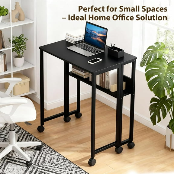 Space-Saving Collapsible Rolling Desk – 24.8" Laptop Table with Storage Shelf – Sturdy Iron & Particle Board Frame – Mobile Workstation for Small Spaces, Dorms, Home Office – Black