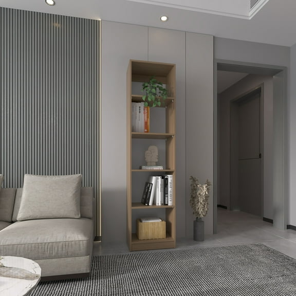 Space-Saving Compact Bookshelf with Five Shelves: Ideal for Small Spaces and Compact Living Rooms Natural Wood Construction for Durable, Modern Storage Solution