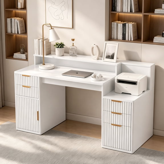 Space-Saving Computer Desk with Hutch and Printer Stand – Fluted Design, Ripple Door Storage, Sturdy Board, Easy Assembly – Ideal for Home Office or Bedroom, White