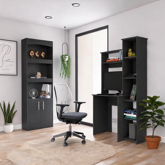 Space-Saving Computer Desk and Bookcase Set, Jet Black Particle Board, Compact 2-Piece Office Workstation