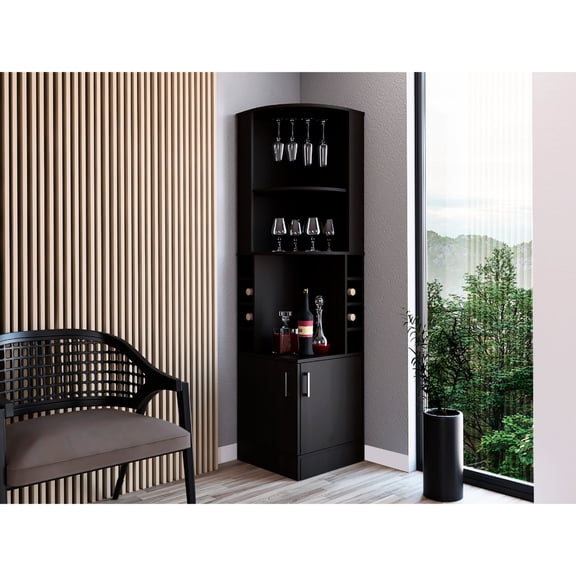 Space - Saving Corner Bar Cabinet 71" Tall with 8 Cubbies 2 Shelves for Apartment Bars Black