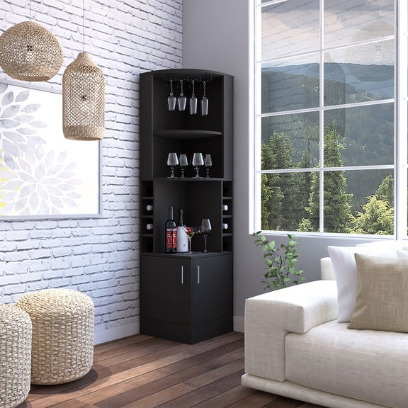 Space Saving Corner Bar Cabinet with Glass Rack, Double Door Storage and Eight Built-in Wine Rack for Small Kitchen, Black Particle Board, 18.5x18.5x71.1 Inches