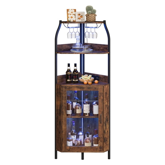 Space-Saving Corner Bar Cabinet with Power Outlet - LED Strip Lights, Stemware Rack & Glass Holder, 5-Tier Industrial Wine & Liquor Storage for Small Spaces - Brown