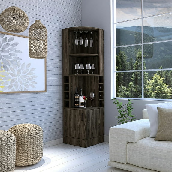 Space Saving Corner Bar Cabinet With 8 Bottles And 2 Shelves - Shelves, , 12 Wine Glass Holder, Unit