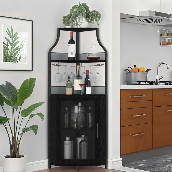 Space-Saving Corner Bar Cabinet with Detachable Wine Rack and Glass Holder