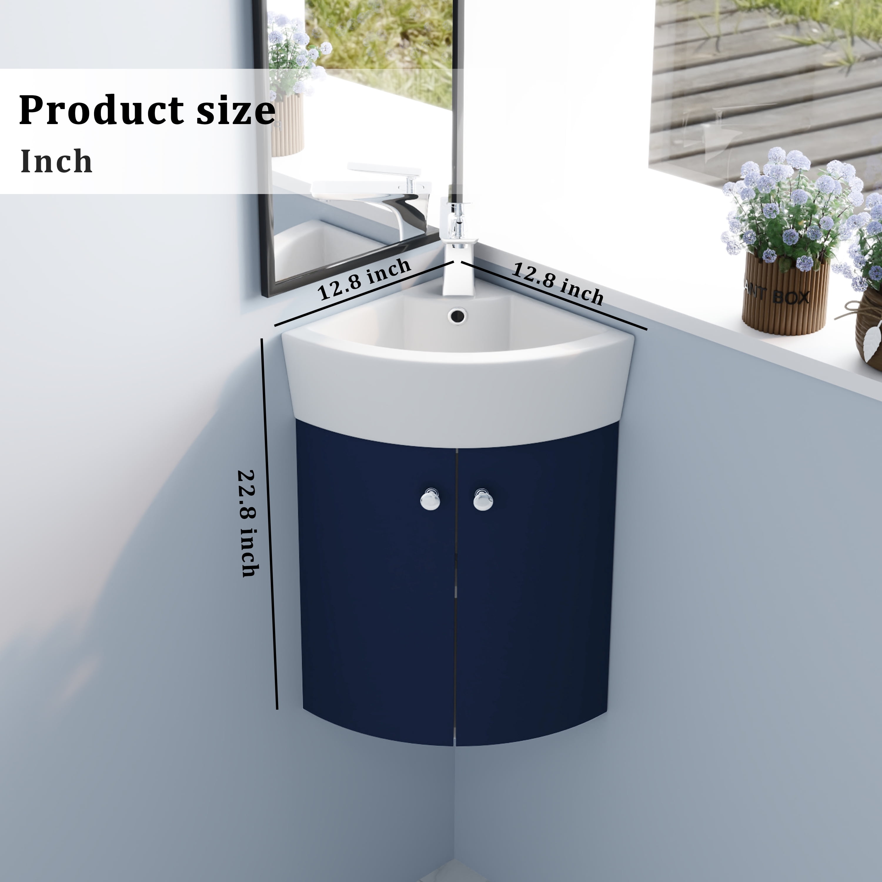 Space-Saving Corner Bathroom Vanity Sink Combo with Wall-Mounted Cabinet, Durable Ceramic Sink ...