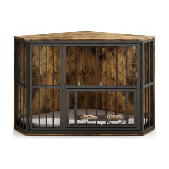 Space-Saving Corner Dog Crate Furniture Wooden Indoor Kennel End Table for Small Dogs 360° Vintageiron frame Vintage Black
