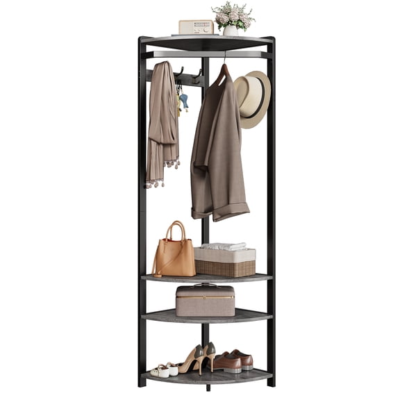 Space-Saving Corner Hall Tree Coat Rack with Shoe Bench – 3-Tier Storage Shelves & 6 Double Hooks – Freestanding Entryway Organizer for Hallway, Bedroom, Closet or Cloakroom – Stone Grey
