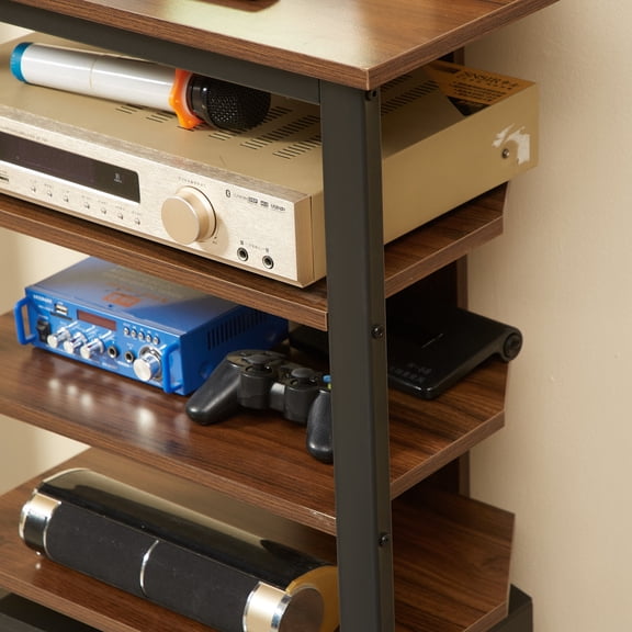 Space Saving Corner TV Stand with Storage Shelves, Brown Steel Frame Media Console for Living Room, Fits TVs Under 29 Inches