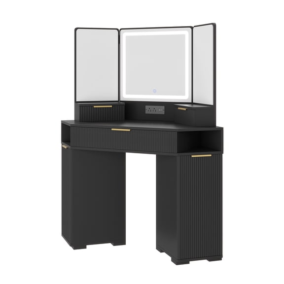 Space-Saving Corner Vanity Desk with Lighted Triple Mirror – Fluted Makeup Table, Drawers, Charging Station, Cabinets, Shelves – Modern Bedroom Dressing Table – Black