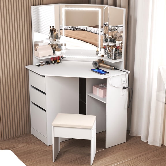 Space-Saving Corner Vanity Desk with Lights & Mirror for Bedroom ,White Makeup Vanity Table with Power Outlet & 2 USB Ports, 2 Drawers & Cabinetand Stool