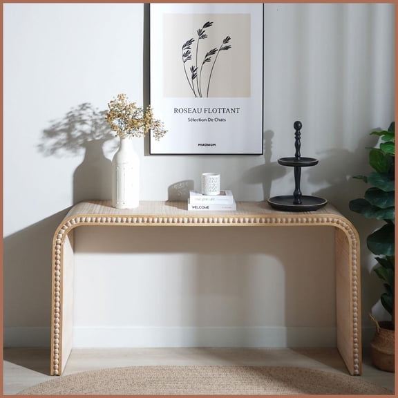 Space-Saving Curved Natural Wood Coffee Table with Beaded Edges - Perfect for Entryway, Living Room & Hallway