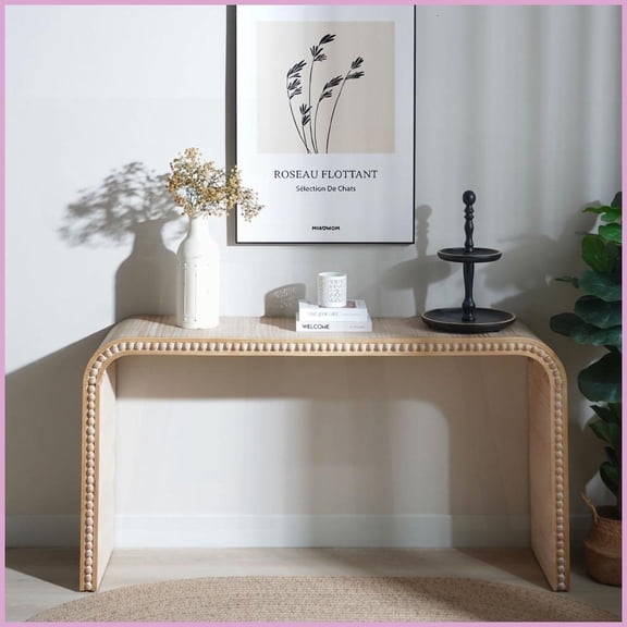 Space-Saving Curved Natural Wood Coffee Table with Beaded Edges - Perfect for Entryway, Living Room & Hallway