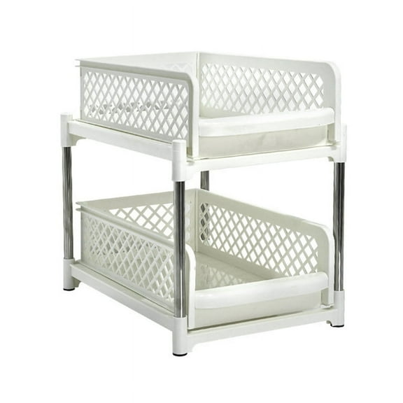 Space-Saving Design 2-Layer Organizer with Pull-Out Drawers, Sliding Bathroom and Kitchen Cabinet Storage White