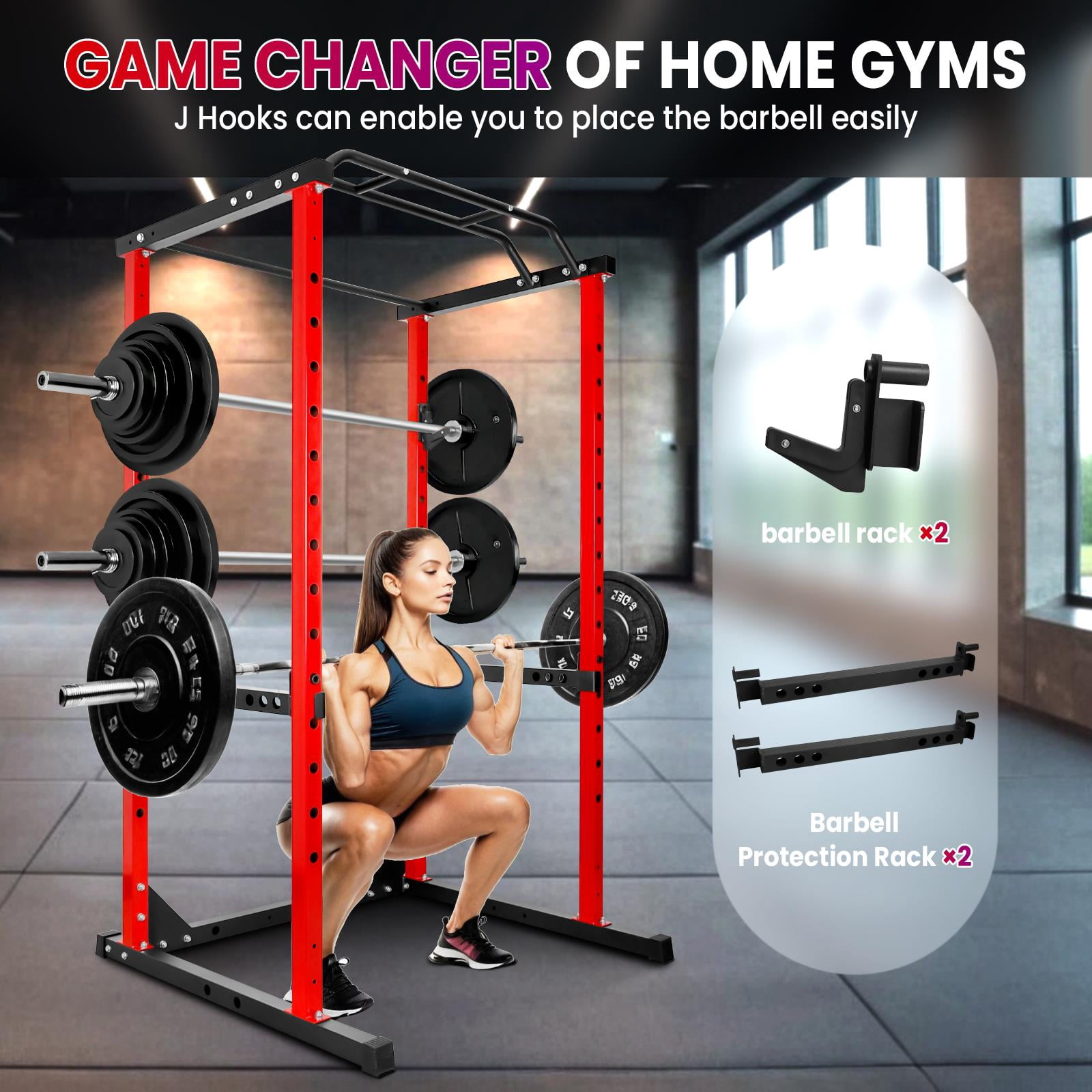 Space Saving Design Multi-Functional Power Rack,Red Power Cage With 44 In Width,2 In 1 Squat Rack And Pull Up Bar,Red Squat Stand For Garage Or Apartment,Red