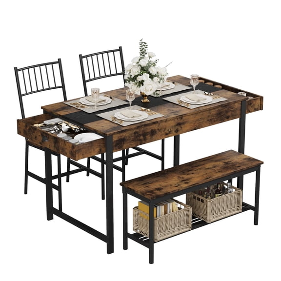 Space Saving Dining Set for 4 with Storage, Small Farmhouse Table, 2 Chairs & Bench, Rectangular Breakfast Nook Set with Drawers for Kitchen, Retro Brown