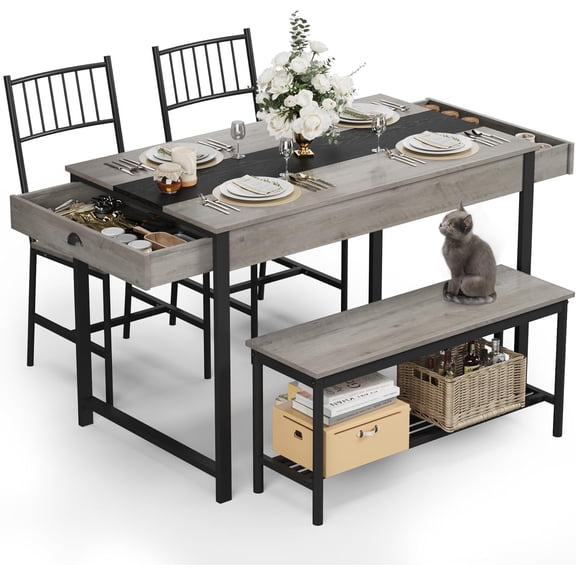 Space-Saving Dining Table Set for 4 with Bench and 2 Chairs, Rectangular Kitchen Table with 2 Storage Drawers and Under-Bench Rack, MDF Top and Steel Frame, Tuck-Under Seating, Easy Clean,Grey
