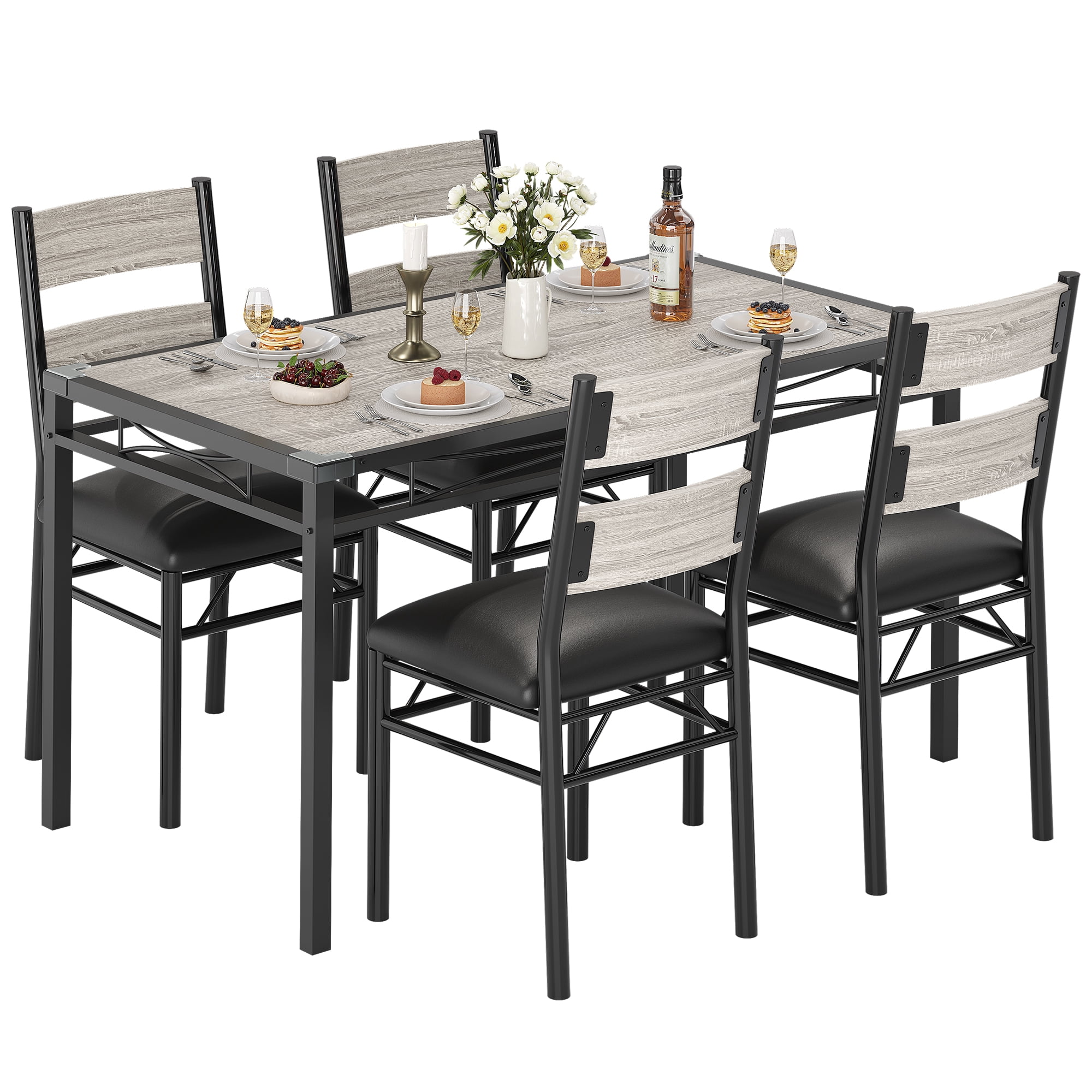 Space-Saving Dining Table Set – 5-Piece Compact Dining Room Furniture with 4 Upholstered Chairs, Sturdy Grey Wood, Perfect for Small Apartments & Breakfast Nooks, Corner Protectors Included – 1+4