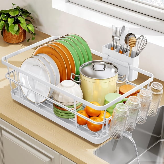 Space-Saving Dish Drying Rack, Multifunctional Dish Rack for Kitchen Counter,Sink Dish Drainer Rack, Dishes Strainer with Drain Board & Cutlery Holder, Compact Dryer Rack,Gray