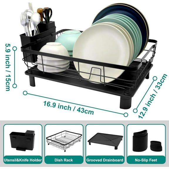 Space-Saving Dish Drying Rack with Drainboard, Rustproof Countertop Dish Drainer for Sink, Black