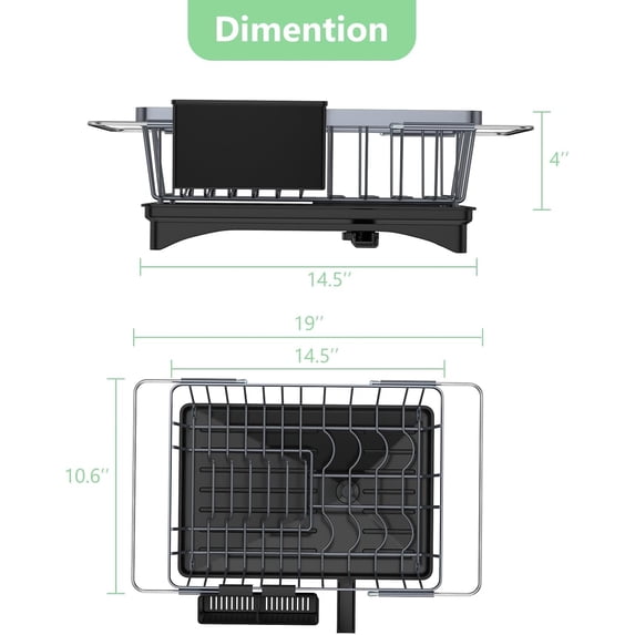 Space-Saving Dish Drying Rack Over The Sink with Cutlery Holder, Expandable Design for 14''-19'' Kitchen Sink Grey