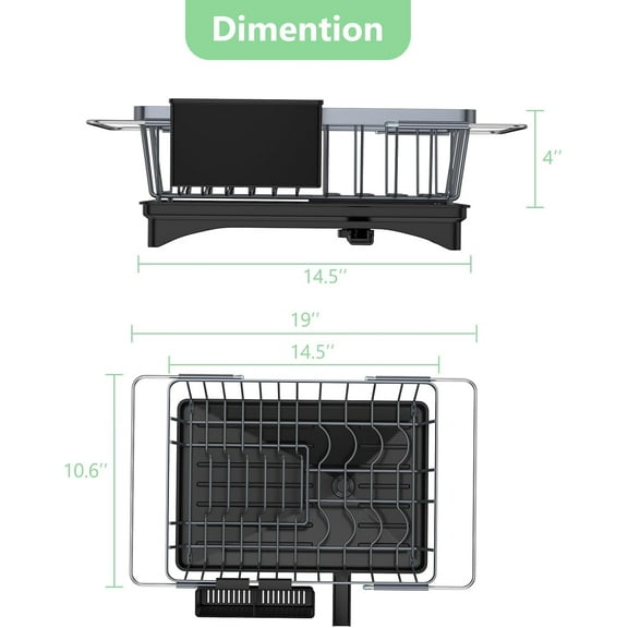 Space-Saving Dish Drying Rack Over The Sink with Cutlery Holder, Expandable Design for 14''-19'' Kitchen Sink Grey