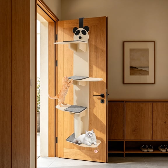 Space Saving Door Hanging Cat Tree, 4-Levels Cat Climber with Scratching Post, Tease Cat Ball & Cozy Pad, Cat Tree on Door with Panda Head Design, Solid Wood Cat Perch for Indoor Cats,