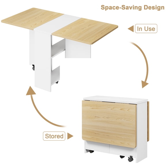 TENSAKEE Drop Leaf Folding Dining Table with Storage, 6 Lockable Wheels & 2-Tier Shelf, Extendable for Small Spaces, Light Wood Grain