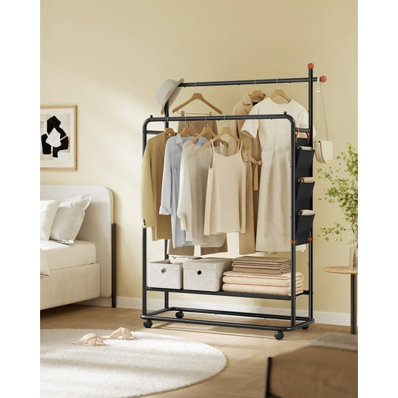 Space-Saving Dual-Rod Garment Rack, Mobile Clothes Rack with Wheels, 2 Adjustable Hanging Rails & Fabric Shelf, Bedroom & Closet Organizer, Portable Wardrobe Storage System, Matchstick Hooks