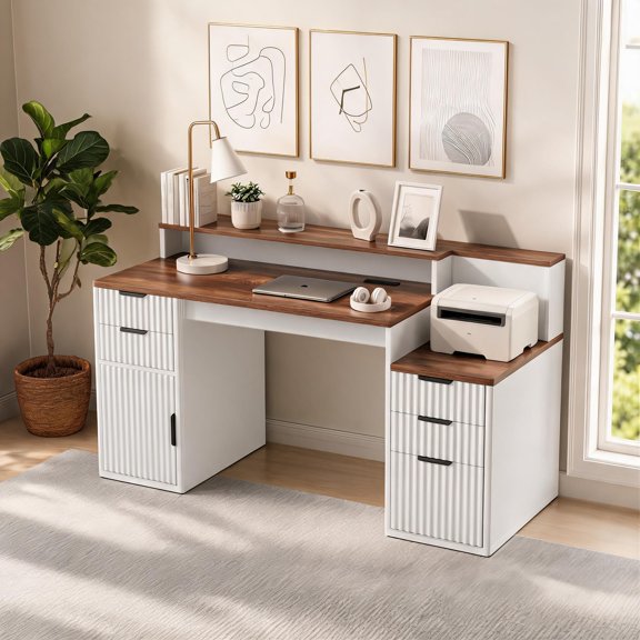 Space Saving Engineered Wood Computer Workstation With Upper Hutch And Independent Printer Cabinet