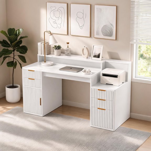 Space Saving Engineered Wood Computer Workstation With Upper Hutch And Independent Printer Cabinet
