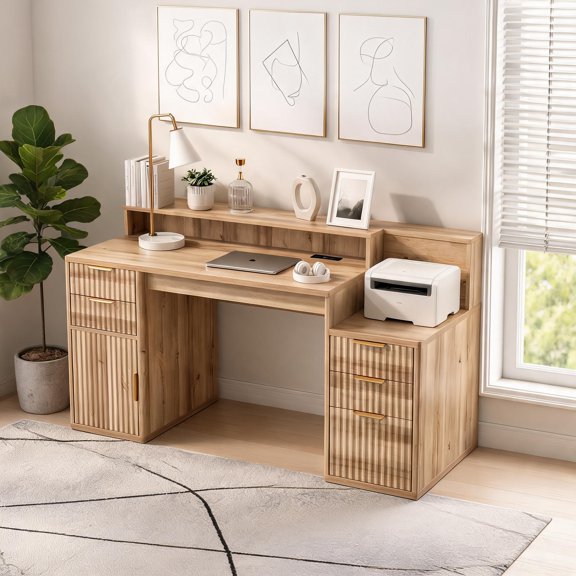 Space Saving Engineered Wood Computer Workstation With Upper Hutch And Independent Printer Cabinet