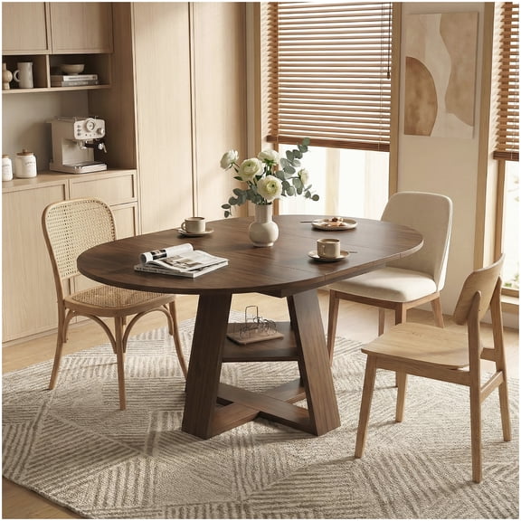 Space Saving Expandable Dining Table, Round to Oval Shape with Storage, Modern Walnut Finish Table for Kitchen Living Room