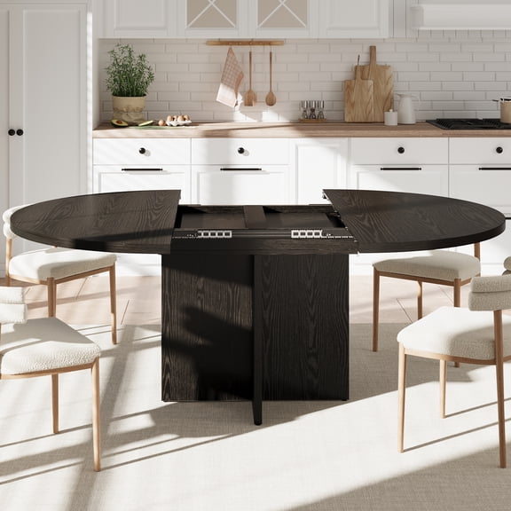 Space-Saving Extendable Round Dining Table for 4-8 – Modern Black Woodgrain, Removable Leaf, Sturdy Cross Wood Base – Woodgrain Black