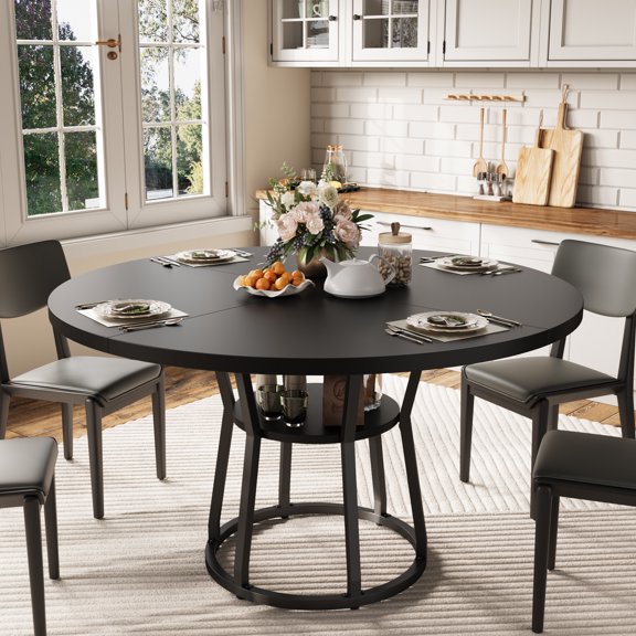 Space-Saving Farmhouse Dining Table, 47.2" Round Table for 4–6 with 2-Tier Storage Shelf, X-Shaped Sturdy Metal Base, Perfect for Kitchen, Dining Room, Living Room, or Meeting Room