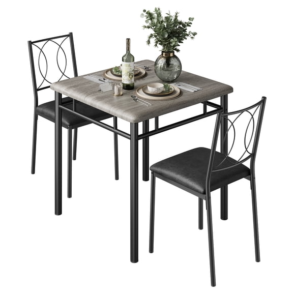 Space-Saving Farmhouse Dining Table Set for 2 – Compact Wood Kitchen Table with Upholstered Chairs – Ideal for Small Apartments – 3-Piece Dining Furniture – Grey