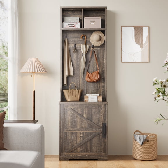 Space-Saving Farmhouse Hall Tree with Shoe Storage - 23.6" Narrow Entryway Bench, 5 Coat Hooks, 2 Open Cubbies, Barn Door - Coat Rack Cabinet for Mudroom, Hallway, Living Room - Dark Brown