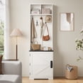 thumbnail image 1 of Space-Saving Farmhouse Hall Tree with Shoe Storage - 23.6" Narrow Entryway Bench, 5 Coat Hooks, 2 Open Cubbies, Barn Door - Small Coat Rack Cabinet for Hallway, Living Room, Mudroom - White, 1 of 8