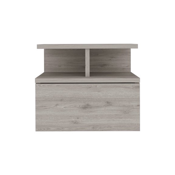 Space Saving Floating Nightstand with Drawer and Open Storage Shelves, Grey Engineered Wood, 13.2L x 14W x 11.6H, Easy Assembly, Modern Bedroom Furniture